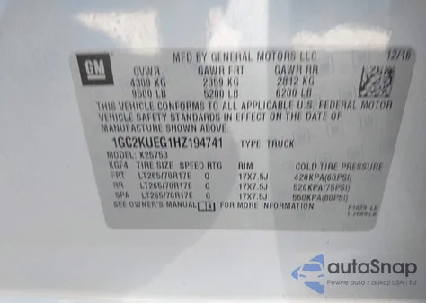 2017 Chevrolet Silverado 2500Hd Wt из США, поврежденный, VIN 1GC2KUEG1HZ194741